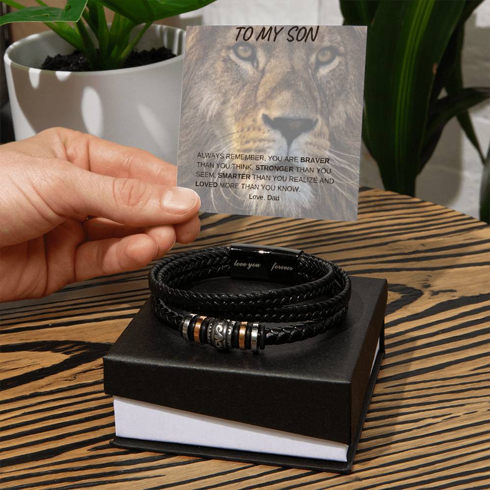 Mens Leather Bracelet - Gift card included: To my Son - Always Remember, you are Braver, Stronger, Smarter, and Loved More than you know! Clasp pre-engraved with "Love you forever"-awesomegifts4lovedones