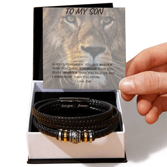 Mens Leather Bracelet - Gift card included: To my Son - Always Remember, you are Braver, Stronger, Smarter, and Loved More than you know! Clasp pre-engraved with "Love you forever"-awesomegifts4lovedones