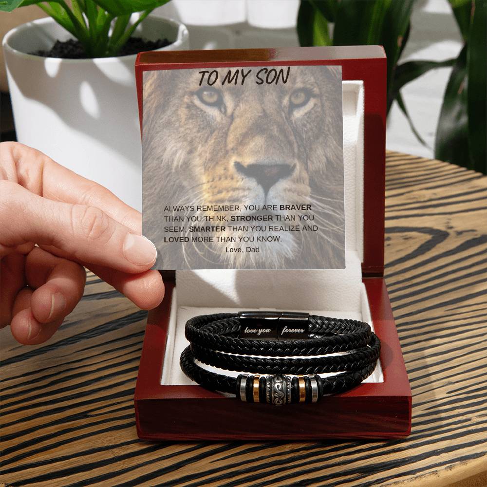 Mens Leather Bracelet - Gift card included: To my Son - Always Remember, you are Braver, Stronger, Smarter, and Loved More than you know! Clasp pre-engraved with "Love you forever"-awesomegifts4lovedones