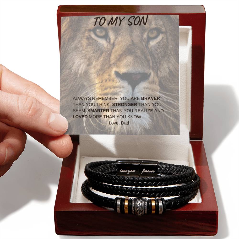 Mens Leather Bracelet - Gift card included: To my Son - Always Remember, you are Braver, Stronger, Smarter, and Loved More than you know! Clasp pre-engraved with "Love you forever"-awesomegifts4lovedones