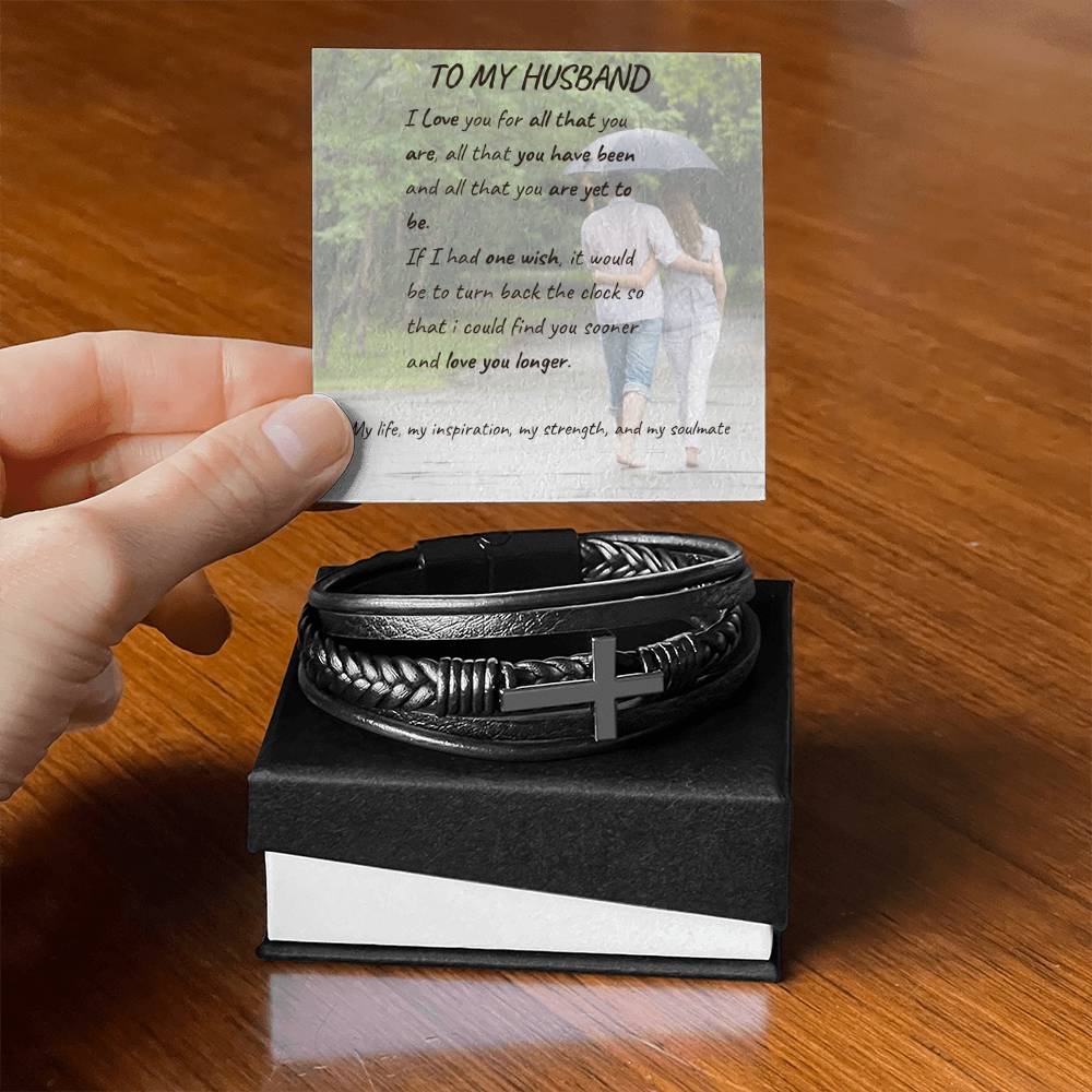 Men's Cross Leather Bracelet with loving message card