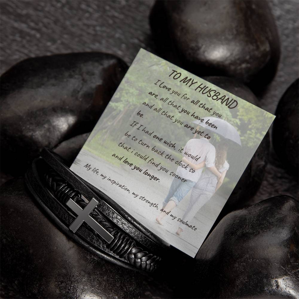 Men's Cross Leather Bracelet with loving message card