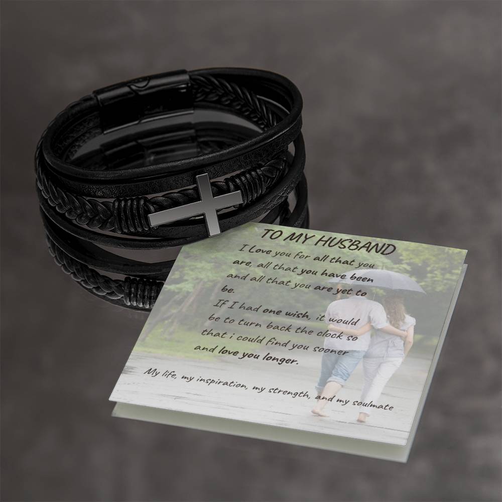 Men's Cross Leather Bracelet with loving message card