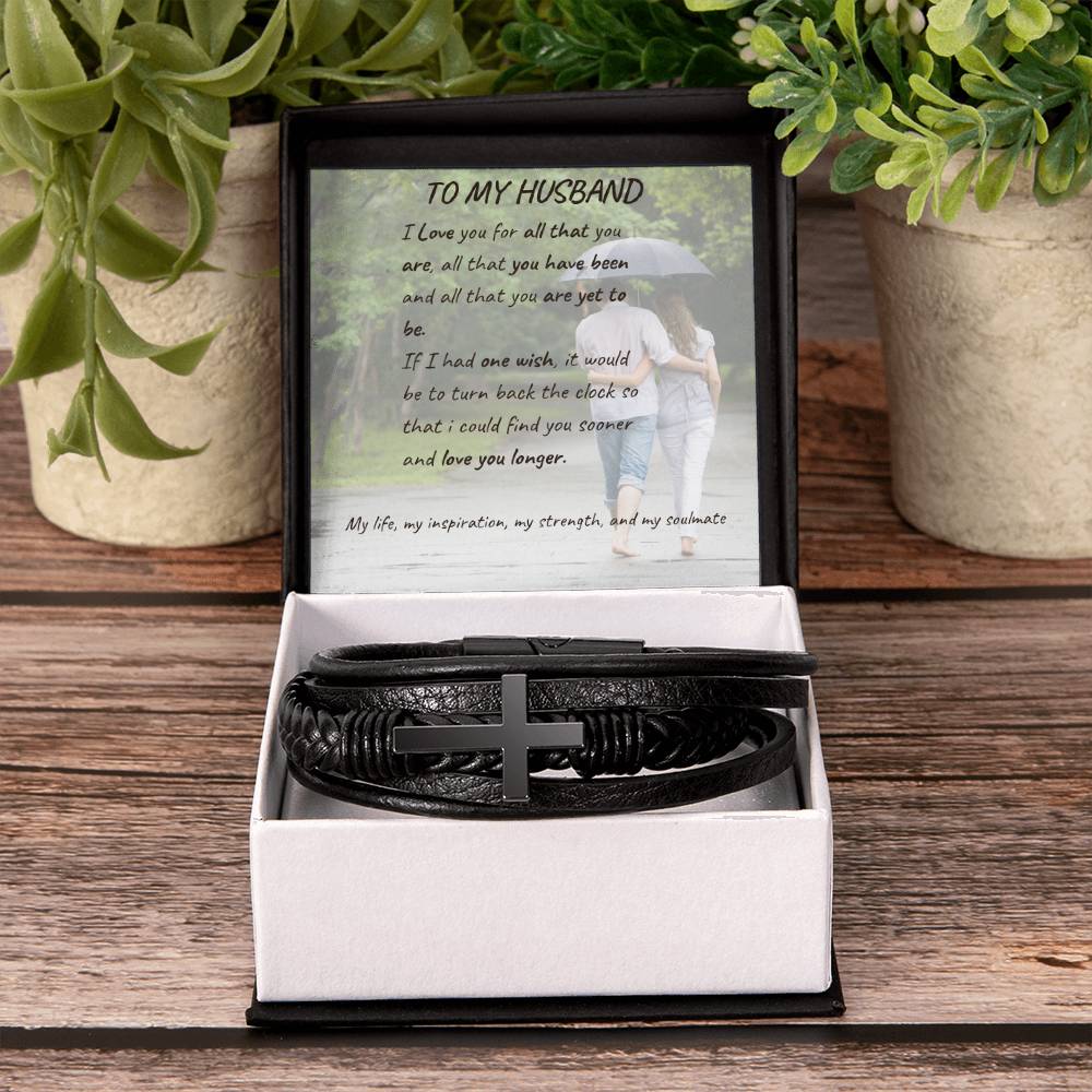 Men's Cross Leather Bracelet with loving message card