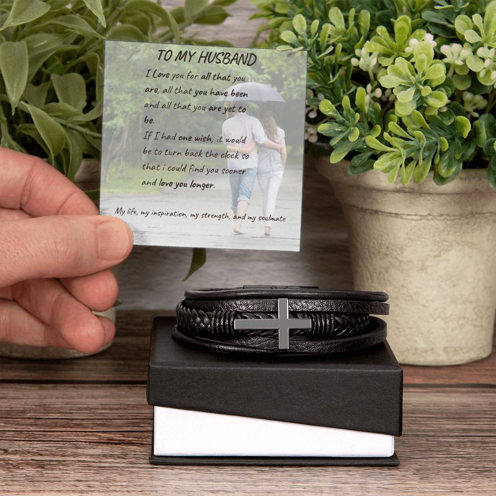 Men's Cross Leather Bracelet with loving message card