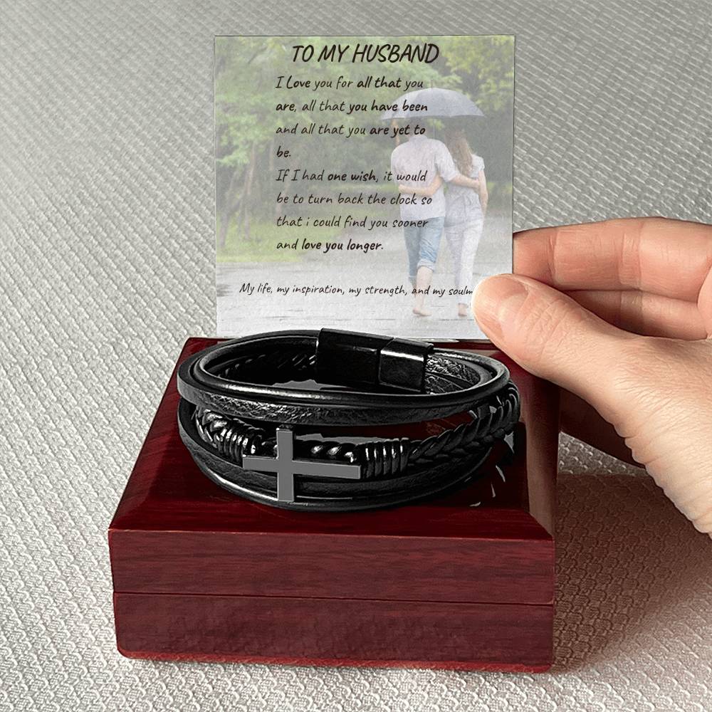 Men's Cross Leather Bracelet with loving message card