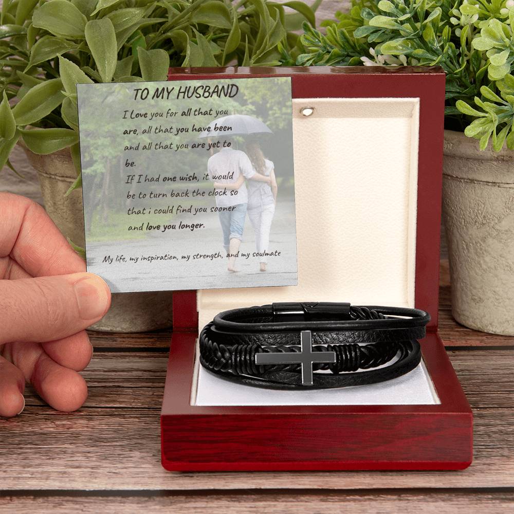 Men's Cross Leather Bracelet with loving message card